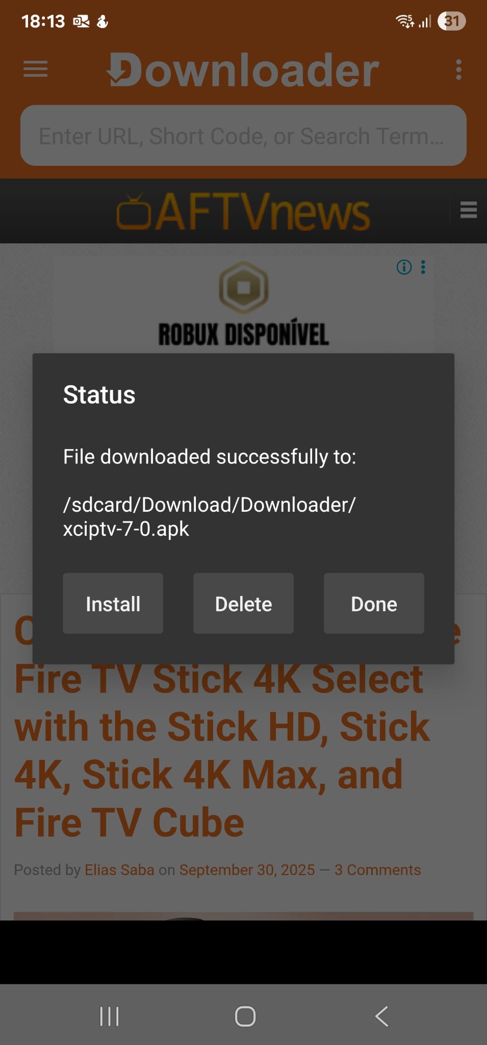 Ecrã de instalação do XCIPTV a partir da app Downloader